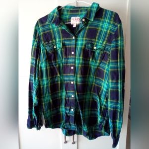 Women's Old Navy Plaid Flannel Long Sleeve Shirt Dark Blue Green Yellow Size L
